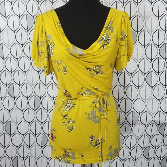 Anthropologie Tops - RicRac Yellow Gold Floral draped Neck Top Anthro